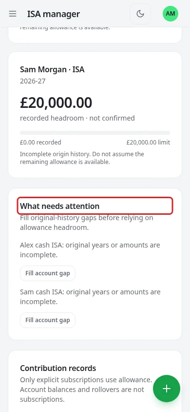 On mobile, check incomplete-history warnings before relying on an individual's displayed allowance.
