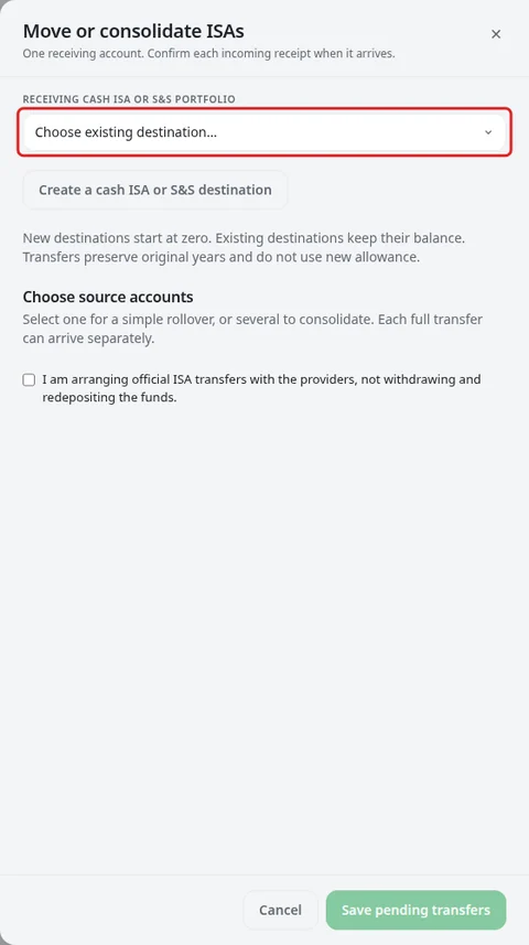 Choose a receiving ISA and use the provider's official transfer process; saving a plan does not move money.