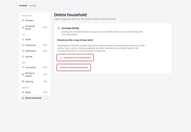 Optional download and continue-without-downloading choices in the household deletion settings.