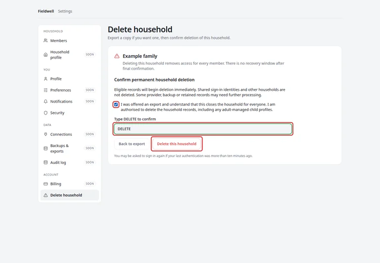 Separate acknowledgement, DELETE input and final deletion button.